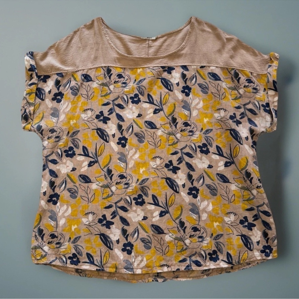 LUNGO LARNO Linen Top Blouse Sz 2X Made In Italy Yellow Brown Floral Boho Travel